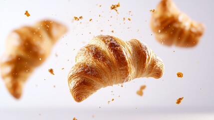 Three golden brown croissants with sugar powder and crumbs floating in a white space