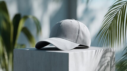 Contemporary White Cap Displayed on a Concrete Pedestal Surrounded by Lush Greenery and Natural Light