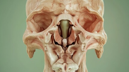 Natomical detailed skull with muscles and veins on a light green background for medical study, science education, and anatomical reference material