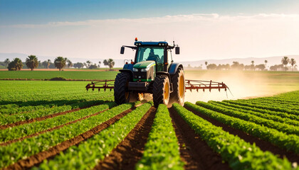 Fototapeta premium Tractor works diligently in lush green field, spraying crops under bright sky, showcasing beauty of agriculture