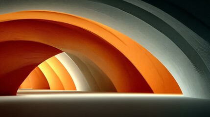 Intricately Curved Wooden Archways with Orange Accents and Soft Lighting in a Modern Interior Space