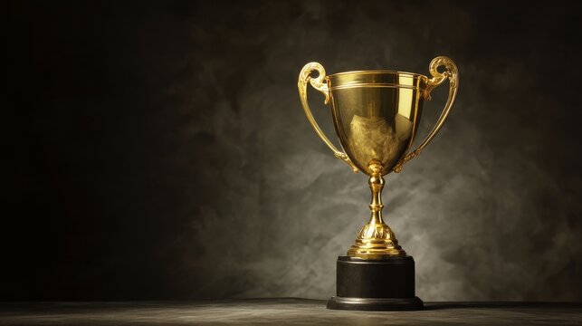 A gleaming golden trophy cup with intricate scrollwork sits on a black base,