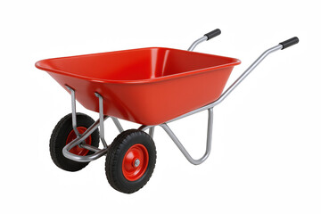 Bright Red Two-Wheeled Garden Cart with Silver Metal Frame and Black Grips, Ideal for Outdoor Work