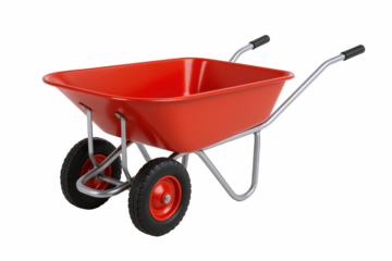 Bright Red Two-Wheeled Garden Cart with Silver Metal Frame and Black Grips, Ideal for Outdoor Work