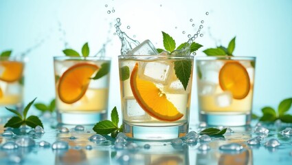 Fototapeta premium Refreshing gin and tonic cocktails with orange slices and mint leaves