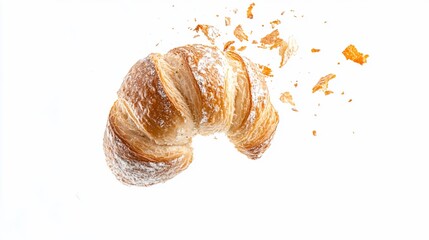 A golden croissant with scattered crumbs appears to float against a white backdrop