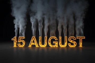Golden 15 August text emerges from smoke, symbolizing impactful events and fiery celebrations with a dramatic flair.