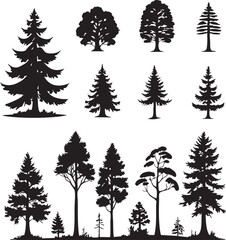 A collection of tree silhouettes, including a pine tree, a birch tree