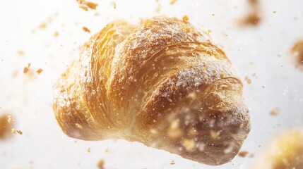 A golden brown croissant levitates amid a flurry of crumbs against a white background