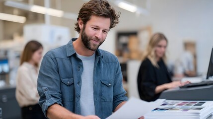 Print shop owner reviewing color proofs with team on desk