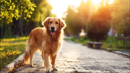 A calm golden brown dog stands on a paved path in a park, looking at the camera with its tongue slightly out,