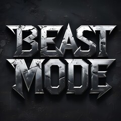 Strong and aggressive text logo “BEAST MODE” with metallic silver effect, 3D embossed style, transparent PNG