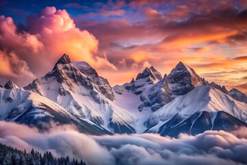 Snow capped mountains under a vibrant sky with clouds at sunset creating a scenic landscape view