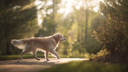 A golden retriever walks along a sunlit path surrounded by lush greenery during sunset,
