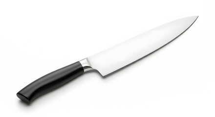 Sharp Chef's Knife with Black Handle on White Background for Culinary and Kitchen Applications