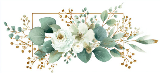 Watercolor green floral graphic, gold frame. Perfect for wedding invitations, branding, or digital artwork.