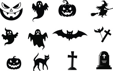 Fototapeta premium A collection of black silhouette Halloween icons, including pumpkins, ghosts, bats, witches, cats, crosses, and gravestones, perfect for spooky and seasonal designs.