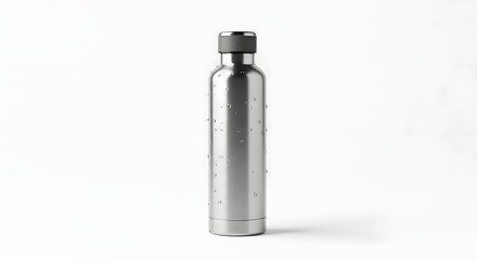 Sleek Stainless Steel Water Bottle with Condensation Drops on a Pristine White Background, Ideal for Hydration and Sustainable Living Concepts