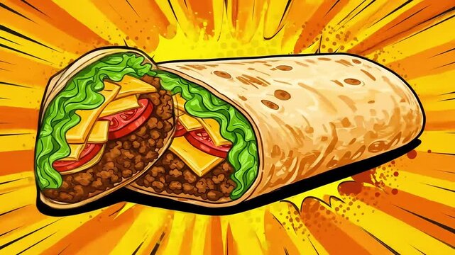 Colorful illustration of a delicious burrito filled with fresh ingredients, including lettuce, tomatoes, and cheese, set against a vibrant, dynamic background of rays and dots.