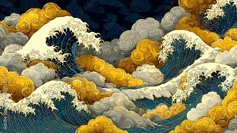 Aufkleber dynamic waves crash and swirl in a stylized illustration, evoking a sense of powerful movement and n