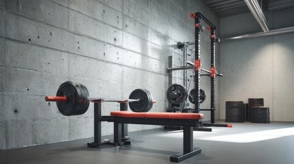 Fototapeta premium Weightlifting Equipment with Bench Press and Squat Rack for Strength Training in a Gym Setting