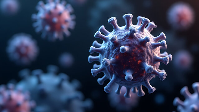 A detailed micrograph showing multiple herpes viruses, including herpes simplex virus, varicella zoster virus (chickenpox), and Epstein-Barr virus. 