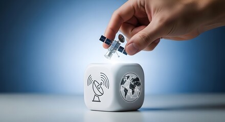 A person's hand places a miniature satellite on a glowing cube with globe and antenna icons, symbolizing global network and communication technology