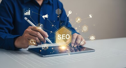 Digital marketing strategy with SEO icons on a tablet for business growth and online visibility