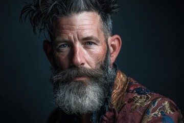 Obraz premium Portrait of a man with a striking beard and unruly hair in a richly patterned coat against a dark backdrop