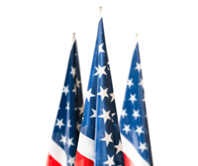three lowered American flags on a white isolated background