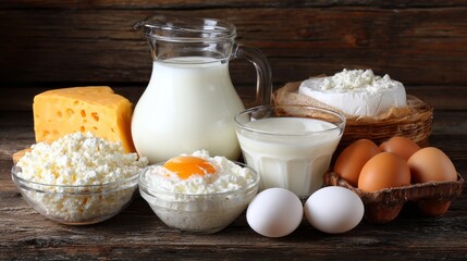 Fresh dairy products displayed on a rustic wooden table showcasing milk, cheese, and eggs for a wholesome breakfast