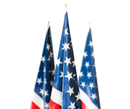 three lowered American flags on a white isolated background