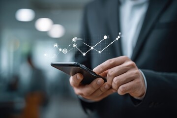 Businessman using smartphone with upward trending graph overlay