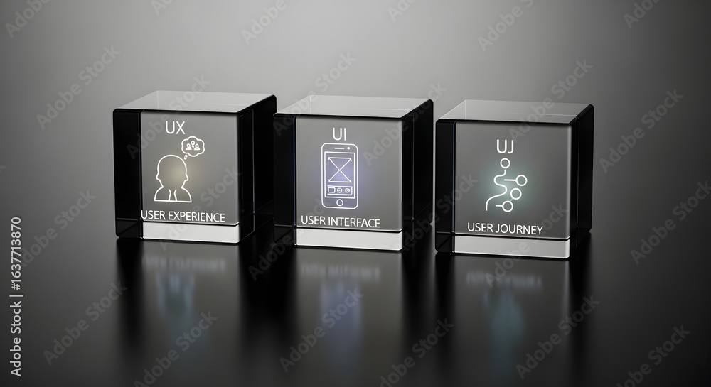 Poster core concepts of digital design ux, ui, and user journey. 3d rendered blocks illustrating the pillar