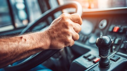 frame of an operator’s hand gripping the main crane control joystick with depth of field focusing on movement and tactile control, ideal for close-up industrial work illustration control joystick, 
