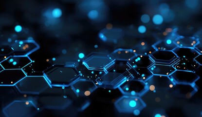 Abstract futuristic background with glowing hexagonal shapes and particles