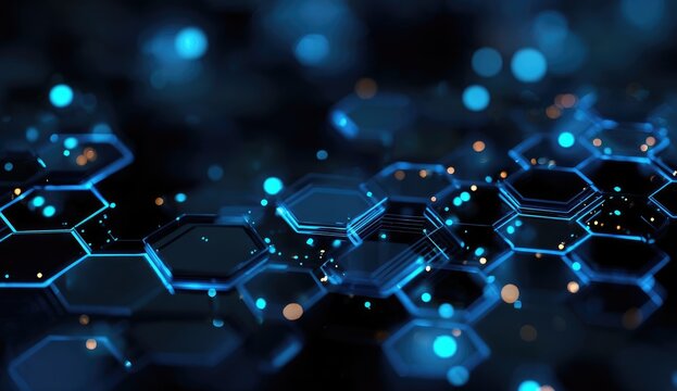 Abstract futuristic background with glowing hexagonal shapes and particles