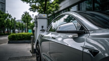 Fototapeta premium Sleek Silver Electric Vehicle Charging at Station in Urban Setting Promoting Sustainable Transportation