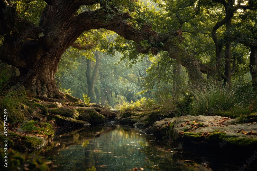 Poster tranquil forest with a winding stream and dappled sunlight filtering through the trees
