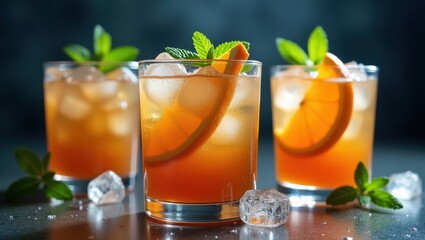 Fototapeta premium Three refreshing iced cocktails with orange slices and mint garnish
