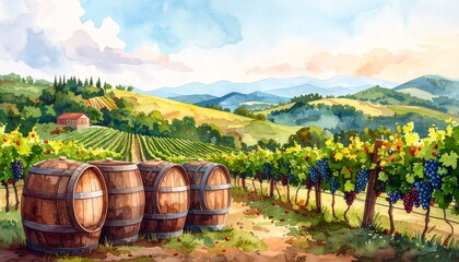 Obraz premium Artistic watercolor element of a vineyard landscape with rolling hills, grape clusters, and rustic barrels, vintage countryside aesthetic