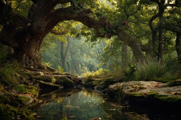 Fototapeta premium Tranquil forest with a winding stream and dappled sunlight filtering through the trees