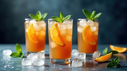 Fototapeta premium Three refreshing iced tea drinks with orange slices and mint garnish