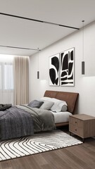 Modern bedroom with a brown leather bed, monochrome abstract wall art, pendant lights, and a patterned rug, creating a cozy yet stylish contemporary retreat