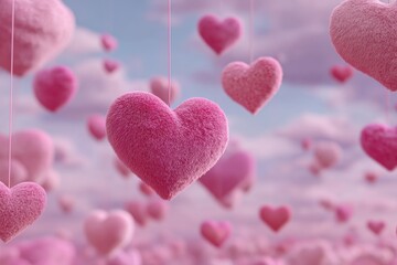 Obraz premium Soft pink hearts hanging in a dreamy sky create a whimsical atmosphere for a celebration of love and joy