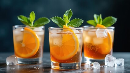 Three refreshing cocktails with orange slices and mint garnish on a dark background