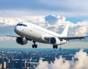 Obraz premium White passenger jet descends through cloudy skies above a sprawling cityscape