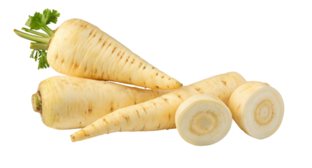 Fresh organic parsnips isolated on white background perfect for healthy recipes and cooking ideas