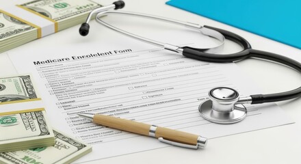 Healthcare Costs Concept: Stethoscope, Pen, and Money on a Medicare Enrollment Form Illustrating Financial Aspects of Healthcare
