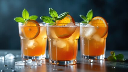 Three refreshing iced cocktails garnished with fresh mint and peach slices